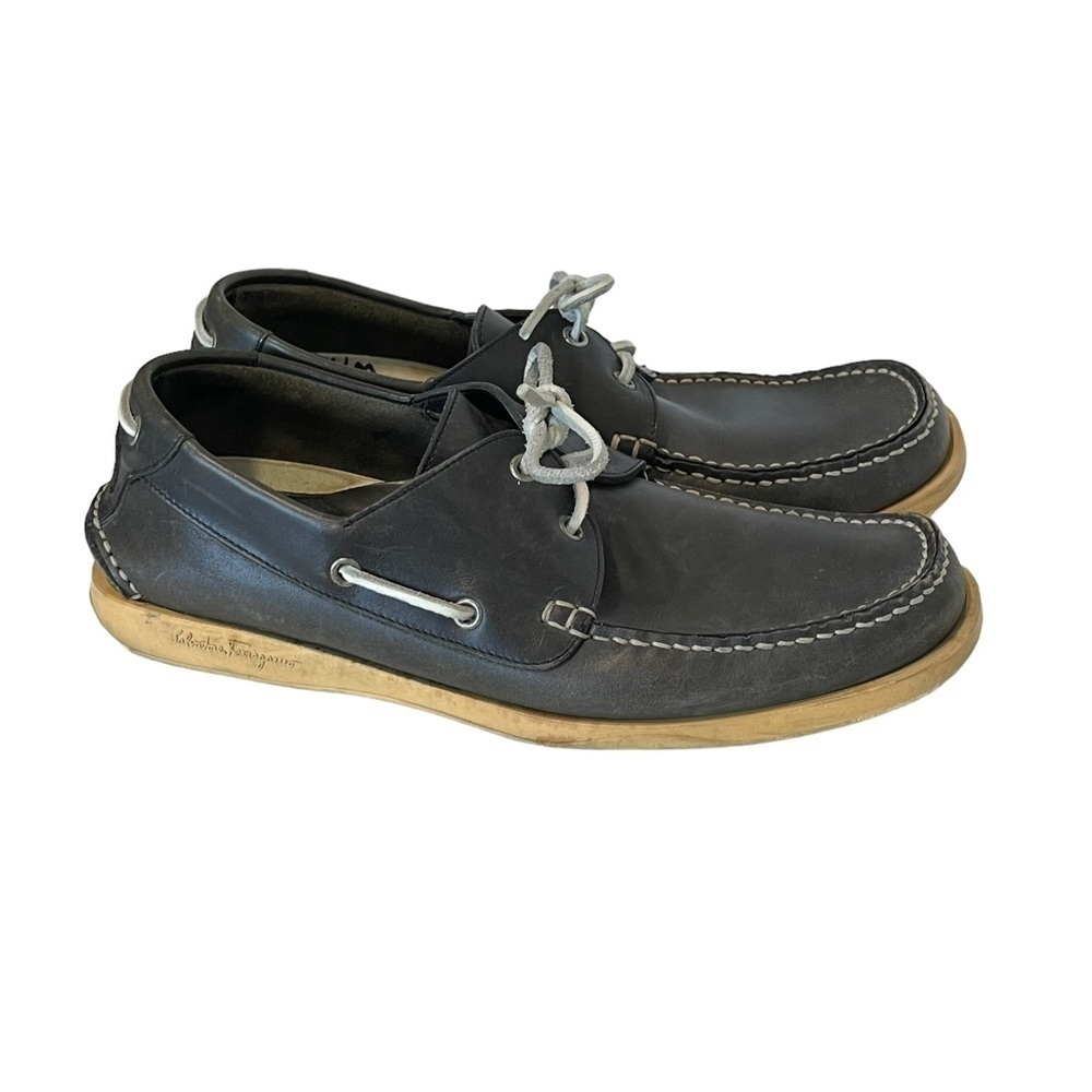 Salvatore Ferragamo For Nautor Challenge Navy Blue Leather Boat Shoes Size 8.5 D